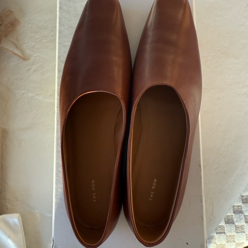 The Row Brown Tan Camel Square Toe Leather Ballet Flats
